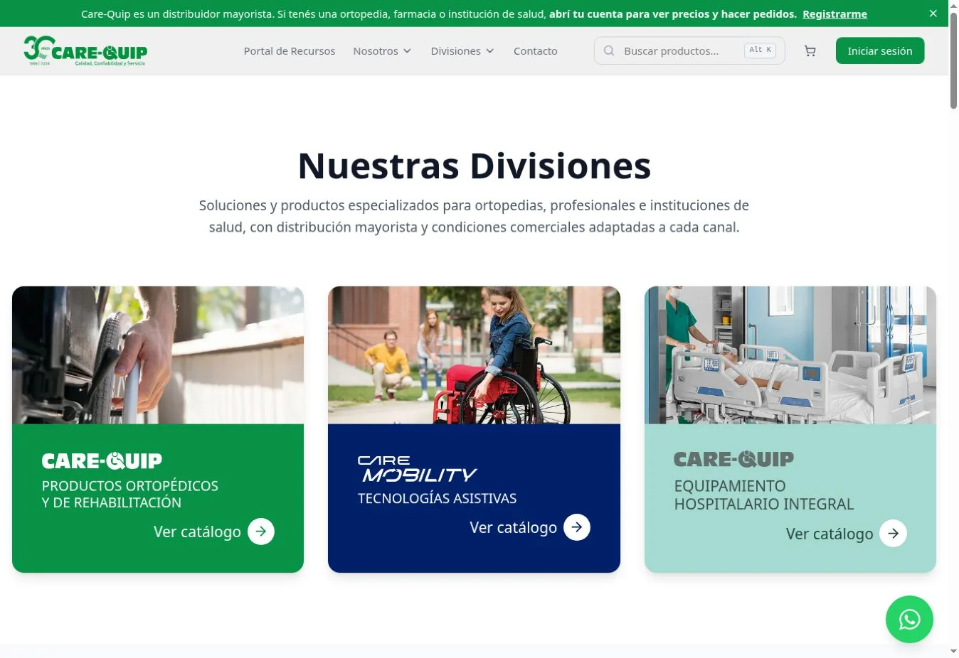 Captura de la página de inicio de Care-Quip