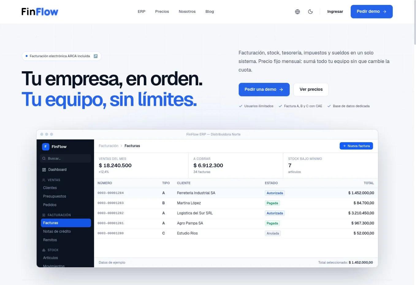 Captura de la página de inicio de FinFlow