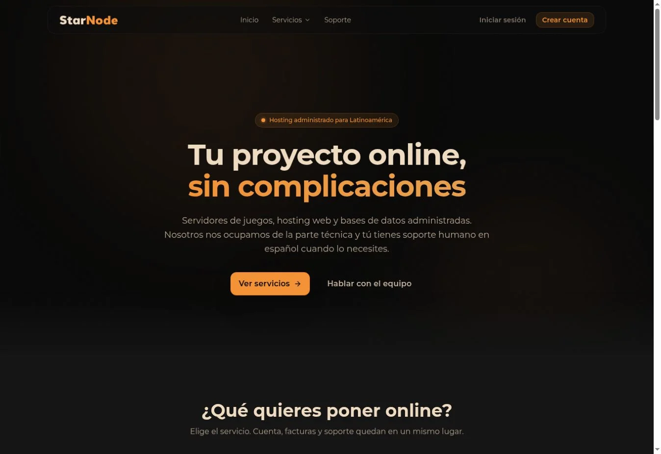 Captura de la página de inicio de StarNode